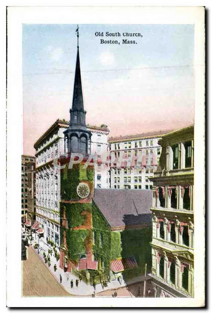Old South Church, Boston, Mass. — Ansicht der Kirche mit Turm und Rankengitter — unbekannter Verlag, Seriennummer nicht sichtbar - Vorderseite