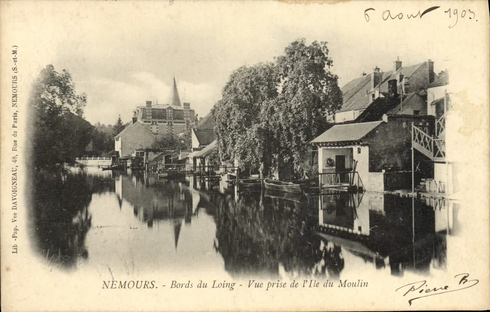 Nemours - Ufer des Loing - Ansicht vom Île du Moulin — Lib. Vve Davoigneau, 48, Rue du Paris, Nemours (S.-et-M.) - Vorderseite