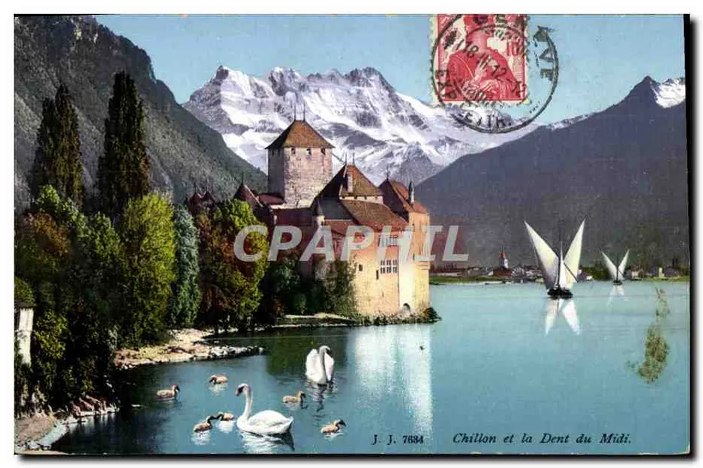 Chillon e a Dent du Midi — J. J. 7634 — Jullien frères, Genebra - Frente