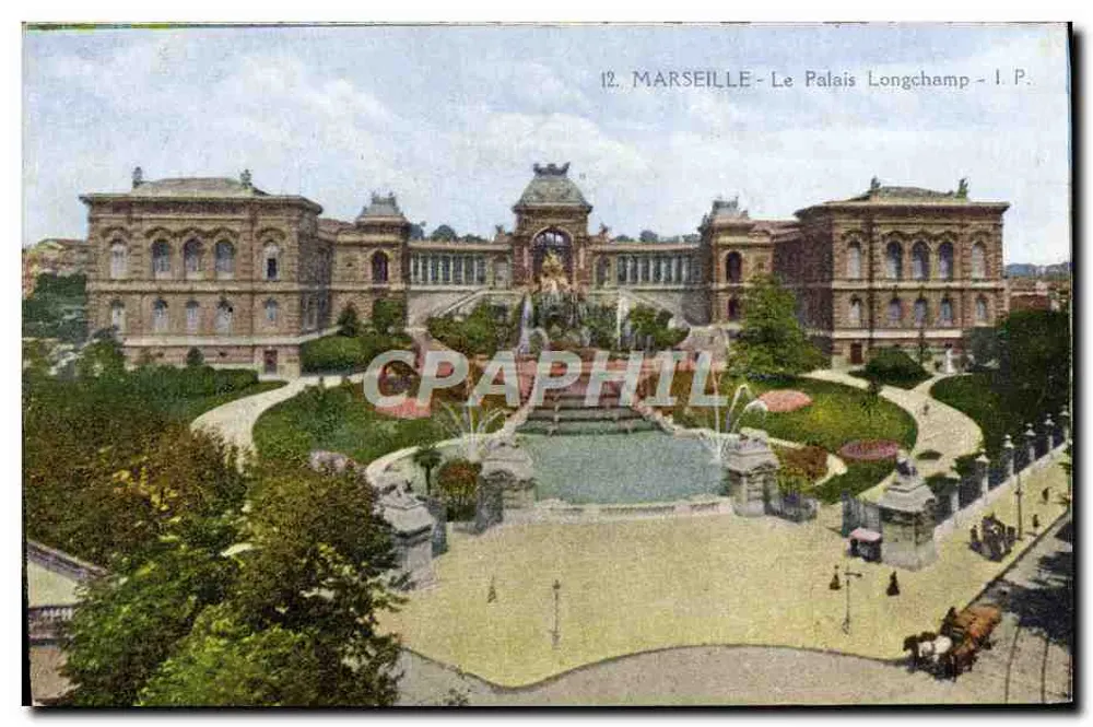 Marselha - O Palácio Longchamp — vista panorâmica com fonte — I. P. - Frente