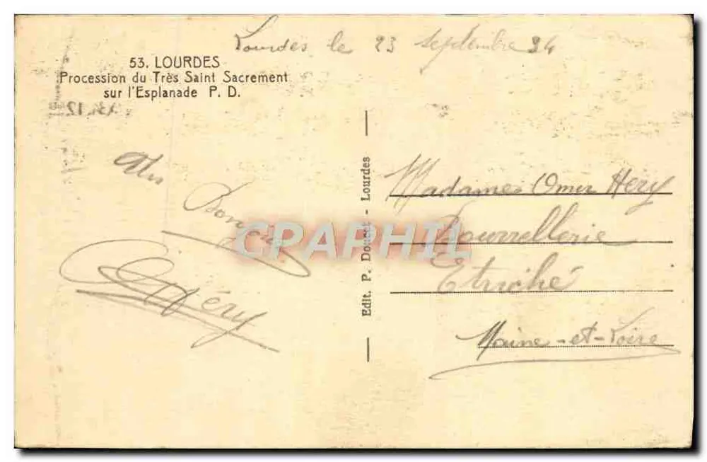 Prozession des Heiligen Sakraments in Lourdes — Schloss-Festung — Verlag P. Doret - Rückseite