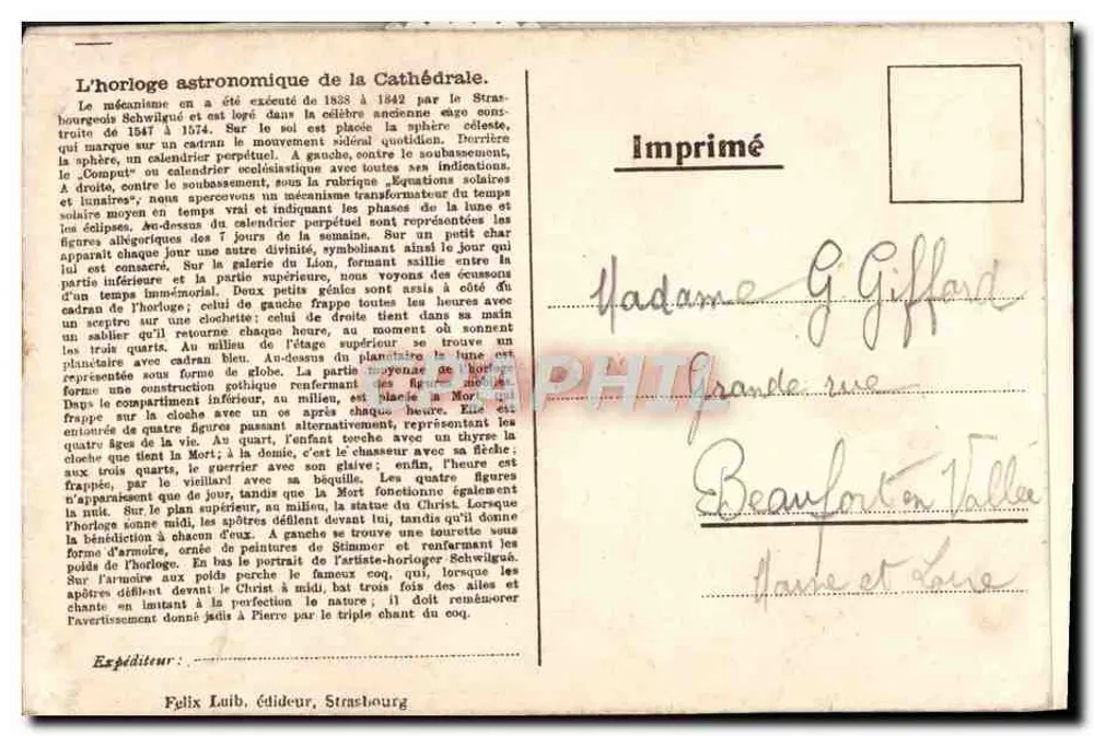 Astronomiczny zegar katedralny — Strasburg — Wydrukowany przez Félix Laub - Rewers