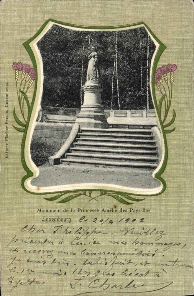 Monument de la Princesse Amélie des Pays-Bas — Luxembourg — Éditeur: Eilieny Fischer-Petton, n° 256 - Recto