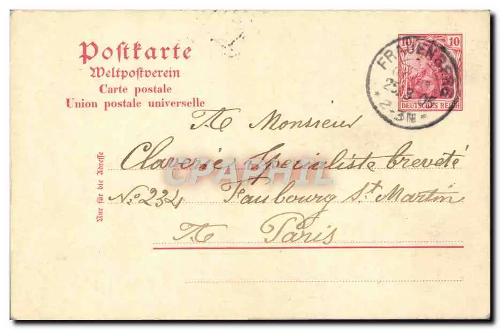 Frauenberg — Ansichtskarte an Herrn Claverie, zertifizierter Experte in Paris — Universal Postal Union, Nr. 234 - Rückseite