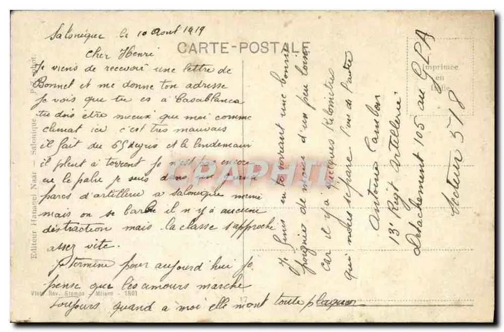 Saloniki — Panoramablick aufs Meer — Verleger Rev. Stempes Milano - Rückseite