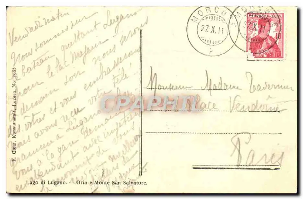 Lago di Lugano — Oria — Verlag E. Greiz, Nr. 2965 - Rückseite