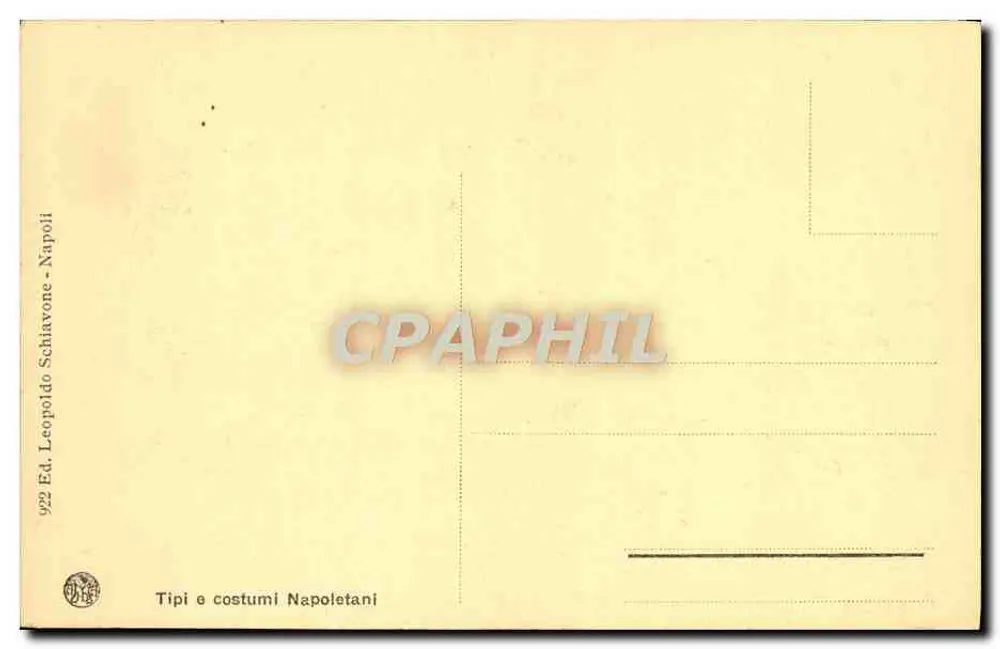 Ein alter Mann und ein junger Junge mit einem Tambour — Serie 'Tipi e costumi Napoletani' — Verlag Leopoldo Schiavone, Neapel - Rückseite