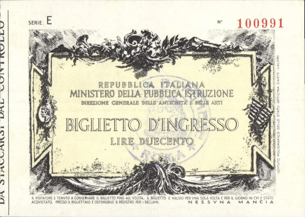 Eintrittskarte für ein italienisches Museum — Ministerium für Werbung und Kunst — Serie E Nr. 100991 - Vorderseite