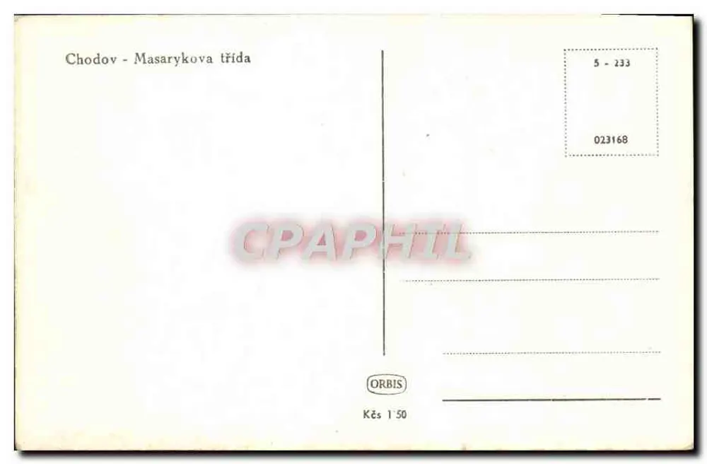 Chodov - Masarykova třída — widok ulicy z kościołem na tle — wydawca ORBIS, n° 5-233 - Rewers