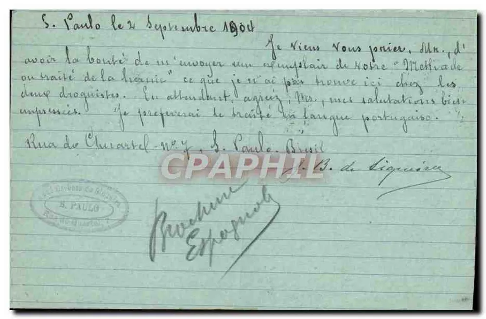 Brasilien — Ansichtskarte von São Paulo nach Paris — Union Postale Universelle - Rückseite