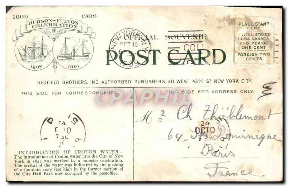 Introdução da água de Croton — Comemoração Hudson-Fulton — Redfield Brothers, Inc. n°49 - Verso