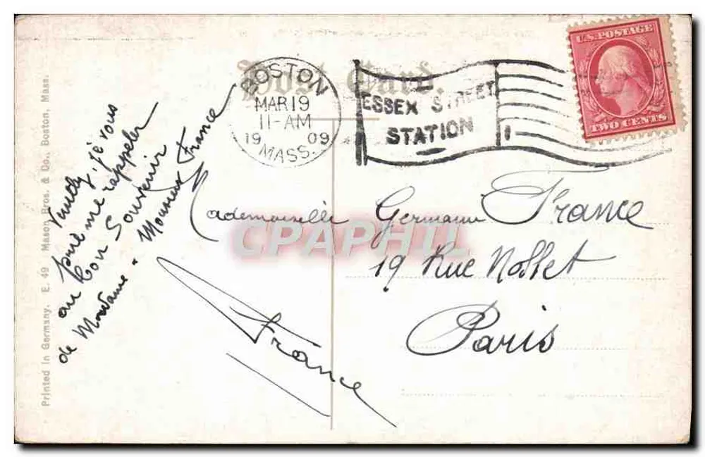Boston, Mass. Torre, Parque Franklin — editor E. 49 Mason Bros. & Co. Boston - Verso