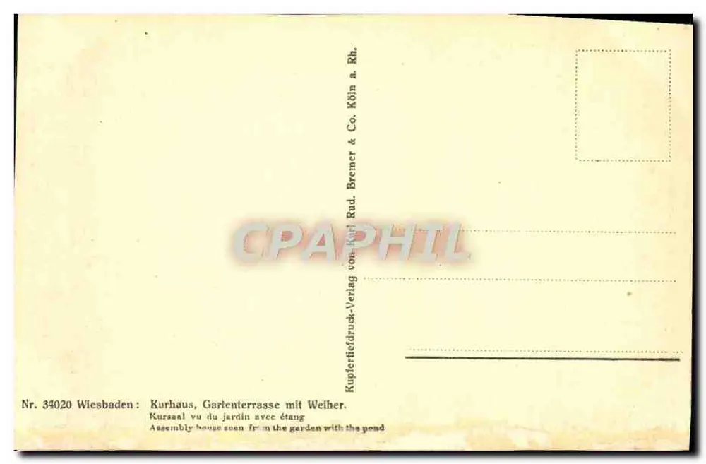 Wiesbaden, Kurhaus, Gartenterrasse com Lago — editor Karl Rud. Bremer & Co. - Verso