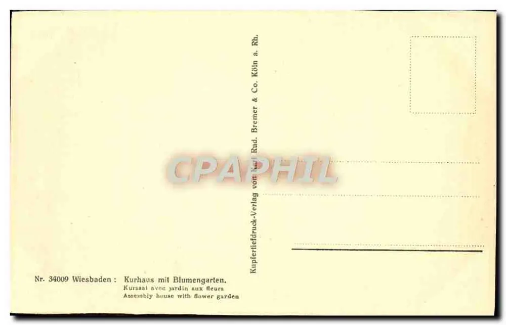 Wiesbaden, Kurhaus com jardim de flores — editor Rud. Bremer & Co. Köln a. Rh. - Verso