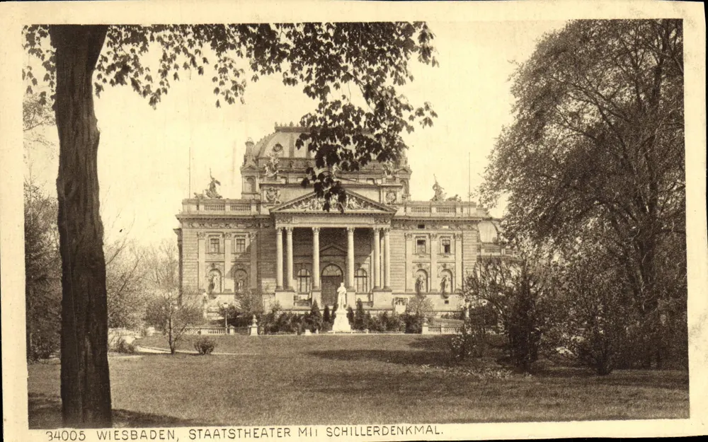 Wiesbaden, Staatstheater mit Schillerdenkmal — editor Bremer & Co. Köln, n° 34005 - Anverso
