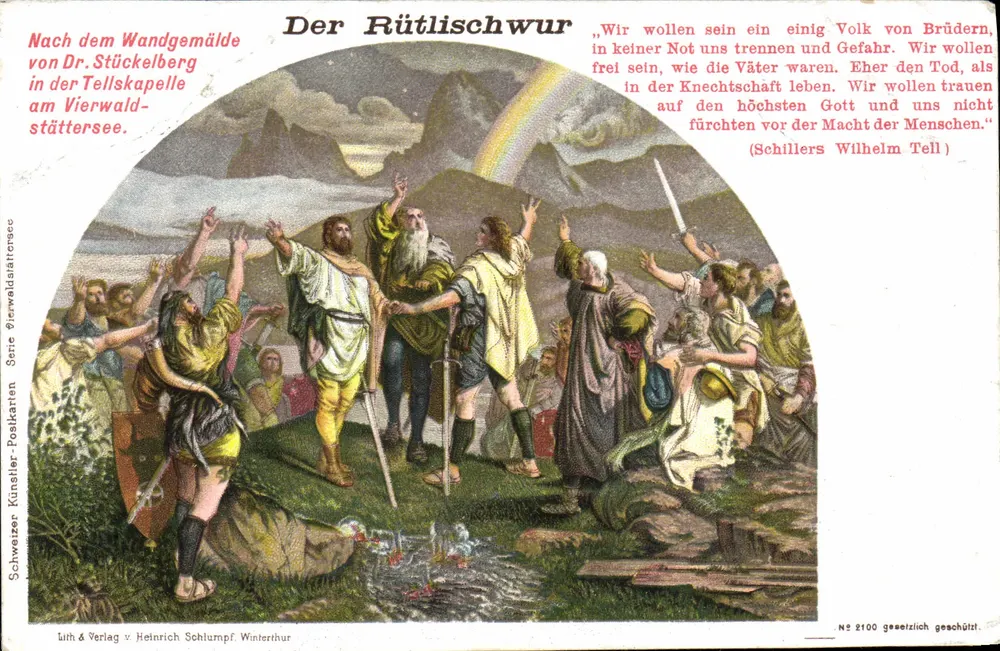 O Juramento dos Rütli — cena do Wandgemälde do Dr. Stückelberg na capela de Vierwaldstättersee — série Künstler-Postkarten, n° 2100, editor Lith & Verlag v. Heinrich Schlumpf, Winterthur - Frente