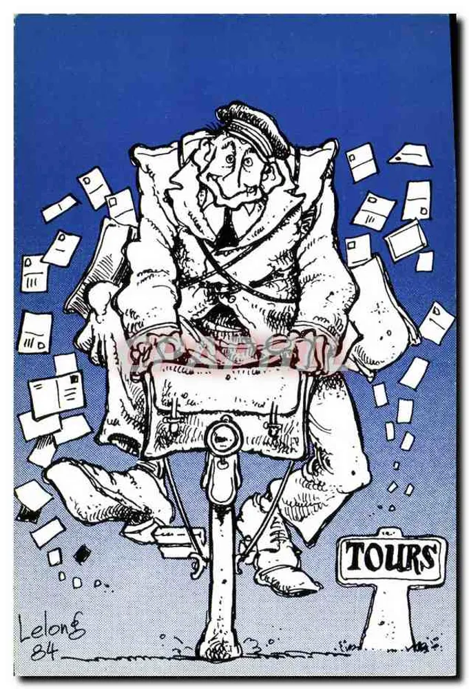 Tours — caricatura de um homem sentado em uma bicicleta com papéis voando — desenho de Jean-Marc Lelong, série J.B. 1 - Frente
