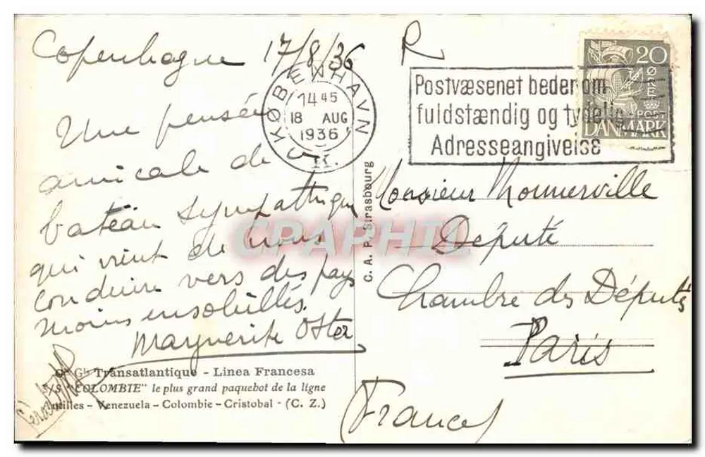 S/S "Colombie" — Transatlantischer Dampfer — Verlag C.A. P. Pirasborg - Rückseite