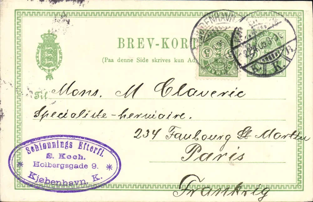 København — kommerzielle Ansichtskarte an Paris — Verlag S. Koch - Vorderseite