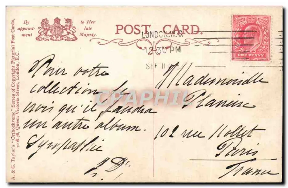 Um Hansom de Londres — cena urbana — A. & G. Taylor’s 'Orthochrone' Series, n° 244 - Verso