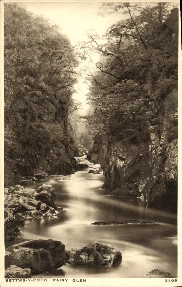 Bettws-y-Coed, Fairy Glen — vista del cañón con río — Photocrom by Photocrom Wells & Tunbridge Wells Co. Ltd., n°3409 - Anverso
