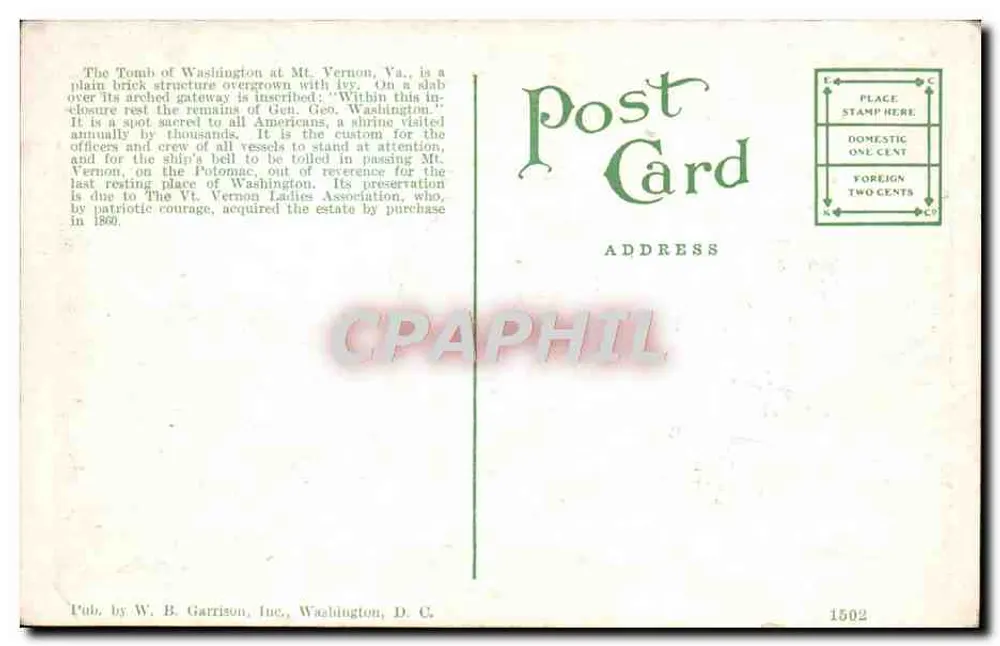 Grabmal Washington, Mt. Vernon, Va. — Verlag W. B. Garrison, Inc., n° 1502 - Rückseite