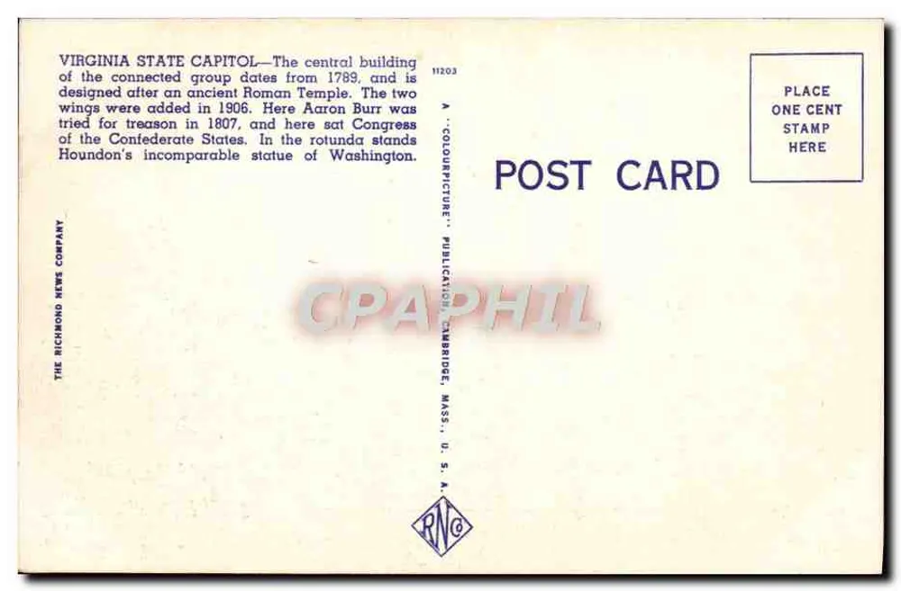 Staatshauptstadt-Platz — Capitol und Rathaus — Richmond, Virginia — The Richmond News Company, n° 11203 - Rückseite