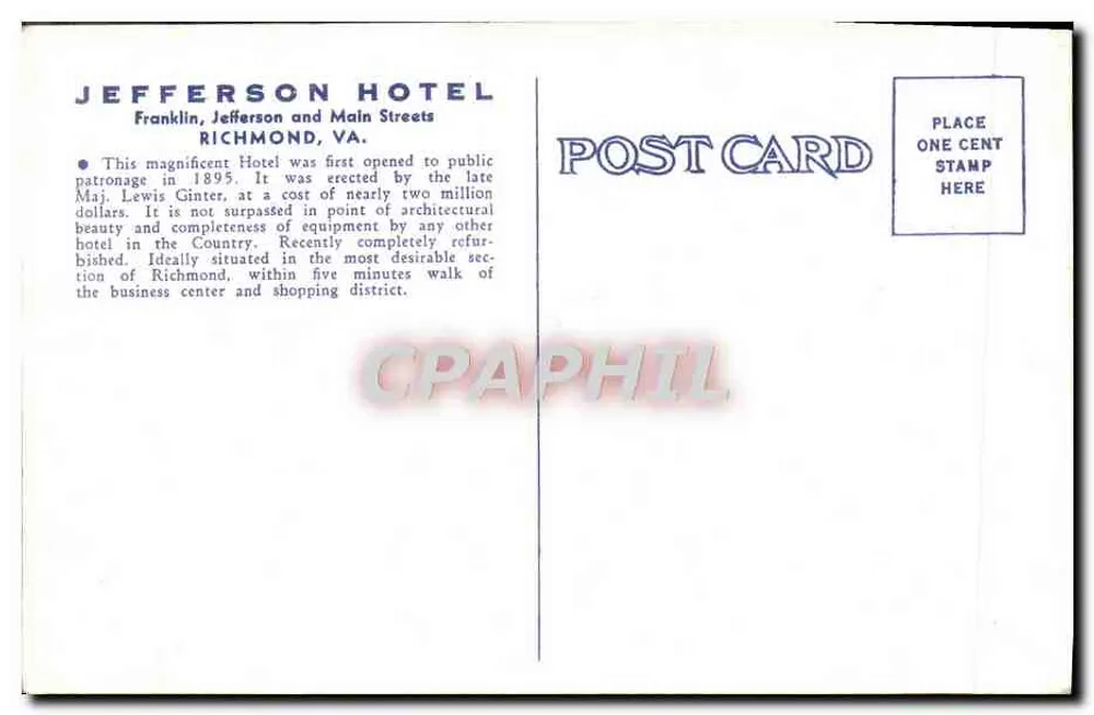 Jefferson Hotel, Franklin Street, Richmond, VA. — Unbekannter Verleger, Seriennummer 53180 - Rückseite