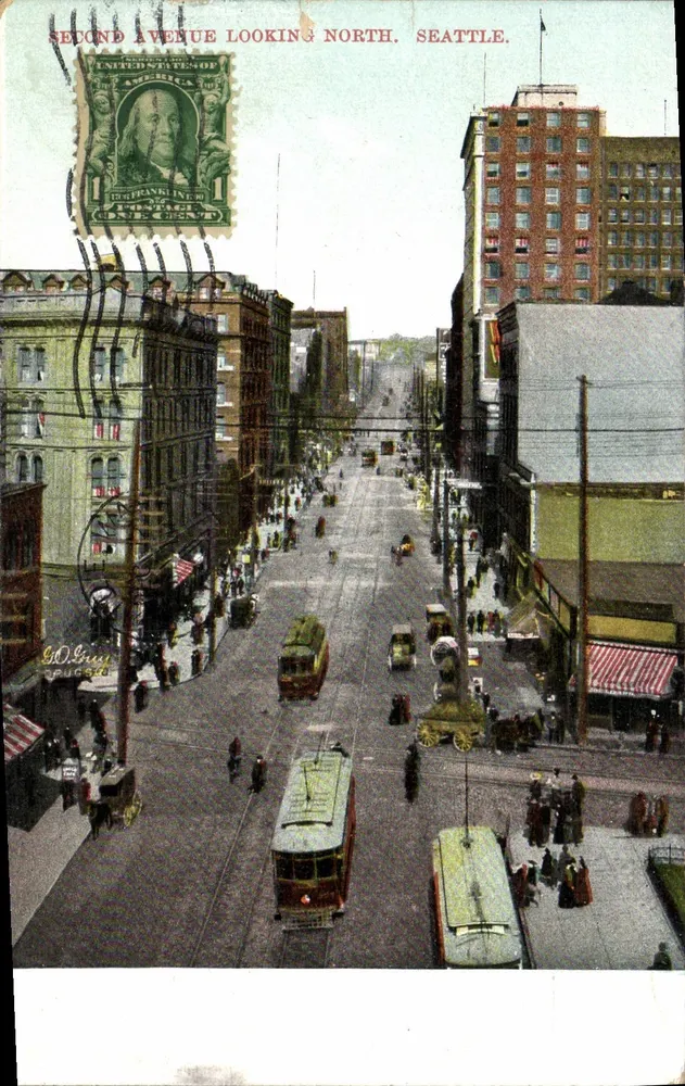 Second Avenue olhando para o norte, Seattle — vista urbana com trams — editor Lownman & Hanford S. & P. Co. - Frente