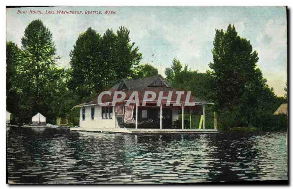Boat House, Lake Washington, Seattle, Wash. — Blick auf das schwimmende Haus — Verlag unbekannt, Seriennummer nicht sichtbar - Vorderseite