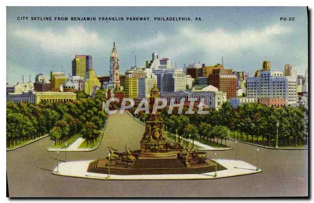 Stadtskyline vom Benjamin Franklin Parkway — Philadelphia, PA — The Central News Co. PH-20 - Vorderseite