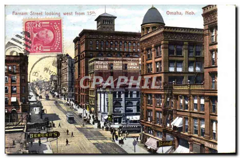 Farnam Street, Blick nach Westen von der 15. Straße — Omaha, Neb. — Polyschrome, A 7777 - Vorderseite