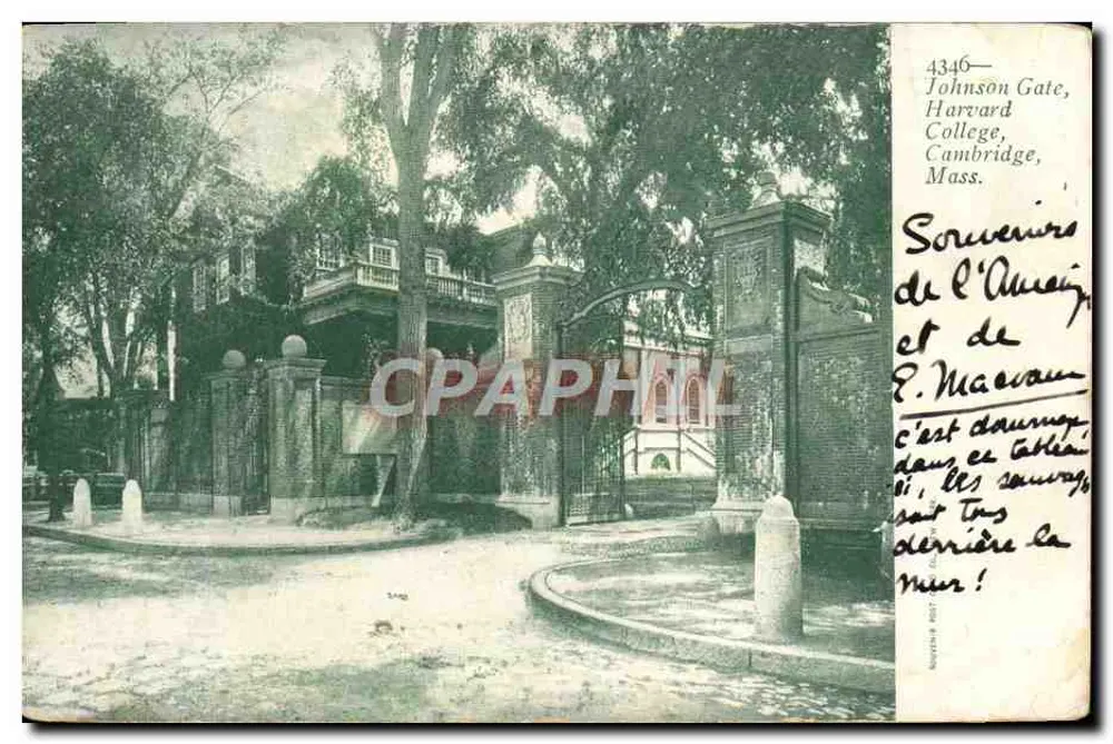 Johnson Gate, Harvard College, Cambridge, Mass. — Bilhete postal antigo 4346 — editor não identificado - Frente