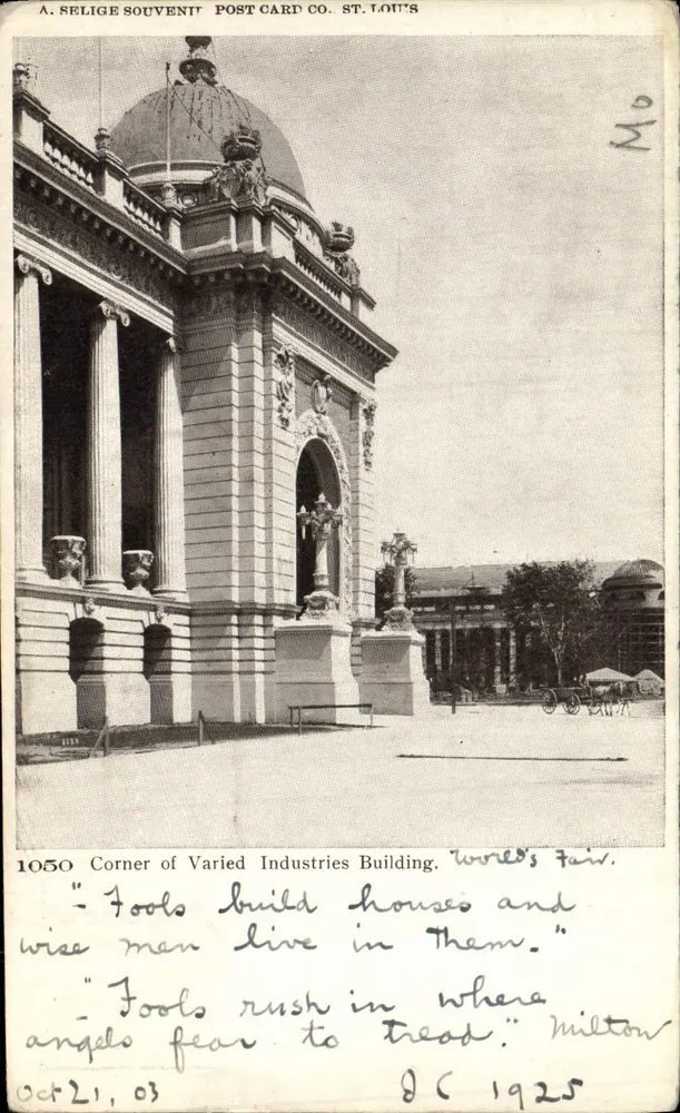 Ecke des Gebäudes der Vielfältigen Industrien — Weltmesse — A. Selige Souvenir Post Card Co. ST. LOUIS - Vorderseite