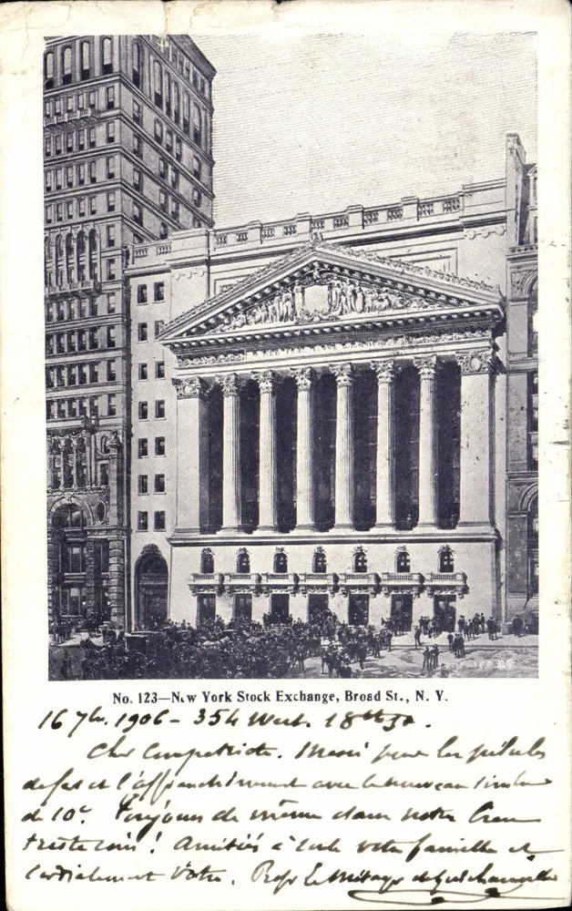 New York Stock Exchange — façade classique avec colonnades — éditeur : No. 123, N.Y. Stock Exchange, Broad St., N.Y. - Vorderseite