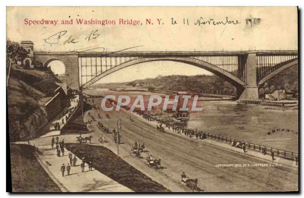 Speedway e Ponte Washington, N.Y. — vista do ponte e do rio — editor A. Loeppker, N.Y., número de série não visível - Frente