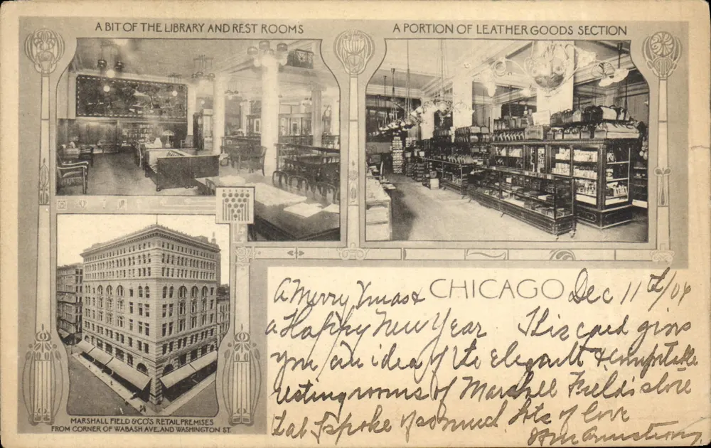Marshall Field & Co. — Biblioteca e salões de descanso — Seção de artigos em couro — Chicago - Frente