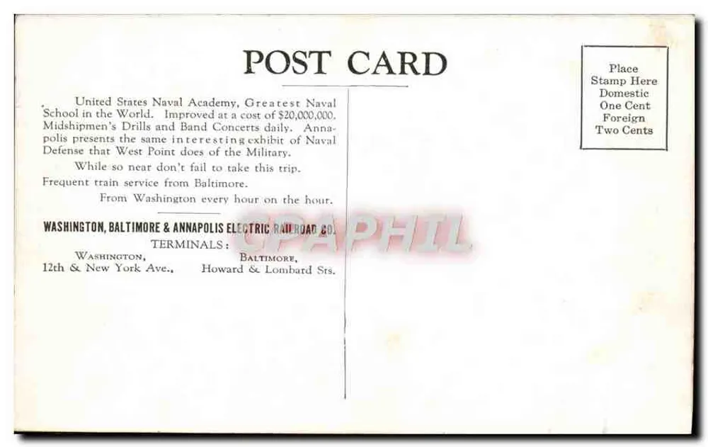Academia Naval dos Estados Unidos — Annapolis — editor Washington, Baltimore & Annapolis Electric Railroad Co. - Verso