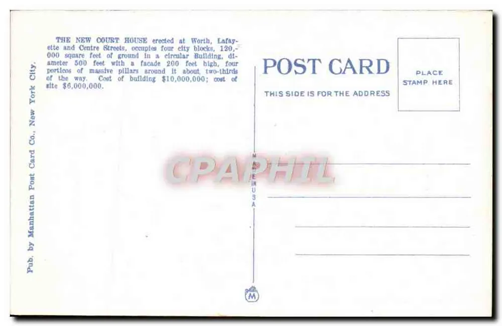 Neues Justizpalast, New York City — Manhattan Post Card Co. Nr. 28444 - Rückseite