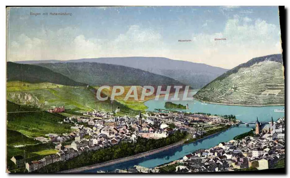Bingen mit Mainmündung — vue aérienne du confluent du Rhin et du Main, avec les châteaux de Bingen et de Burg Rhein — éditeur : C. P. A. Phil. - Recto