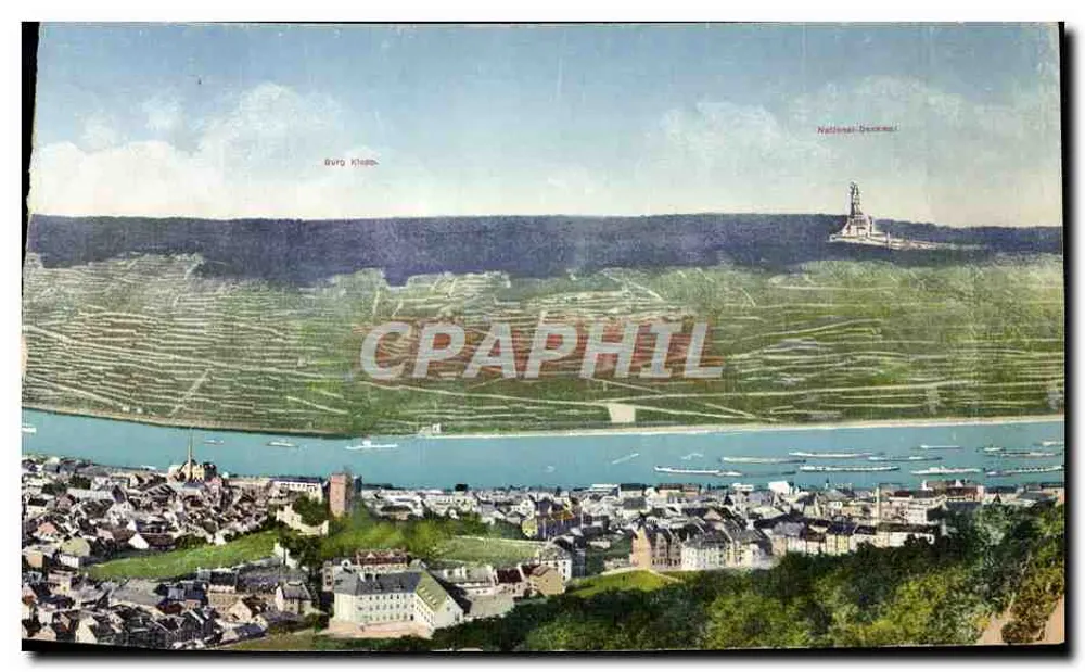 Bingen mit Mainmündung — vue aérienne du confluent du Rhin et du Main, avec les châteaux de Bingen et de Burg Rhein — éditeur : C. P. A. Phil. - Verso
