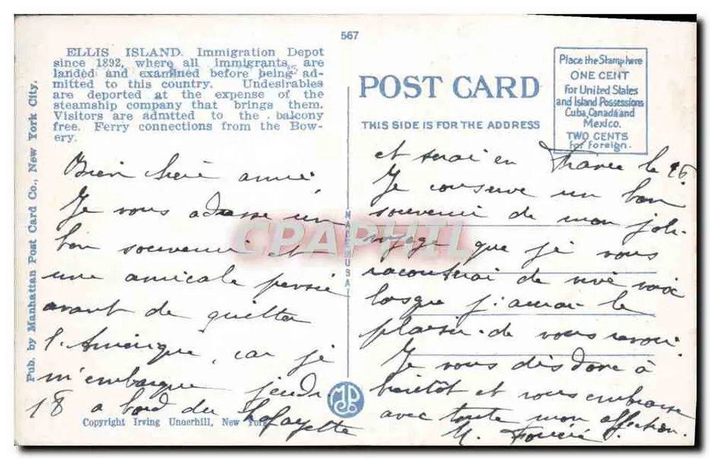 Ellis Island, New York — Deposito di immigrazione — Pubblicato da Manhattan Post Card Co. n° 567 - Verso