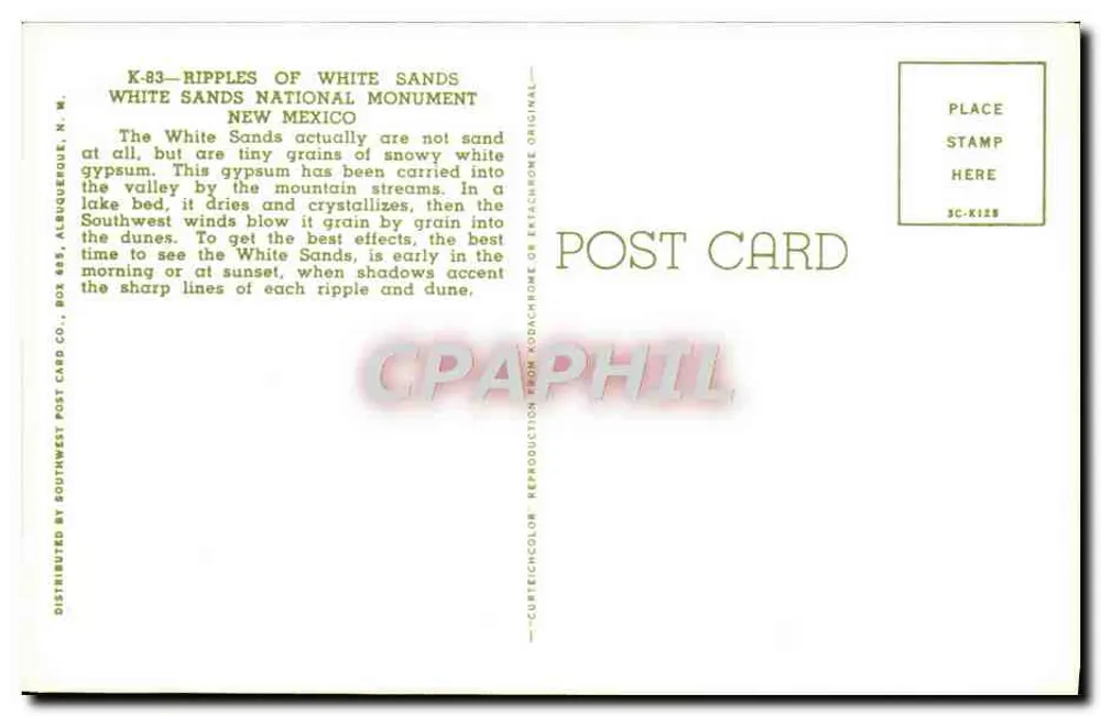 Wellen der White Sands — White Sands National Monument, New Mexico — SouthWest Post Card Co. - Rückseite