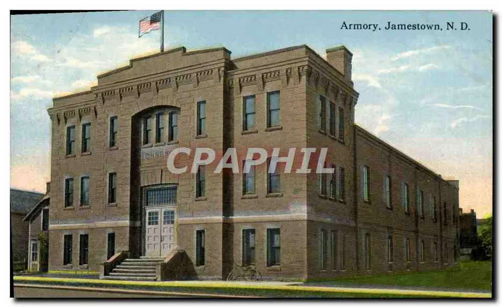 Armory, Jamestown, N.D. — edifício de tijolos com bandeira americana — editor Bloom Bros. Co. - Frente