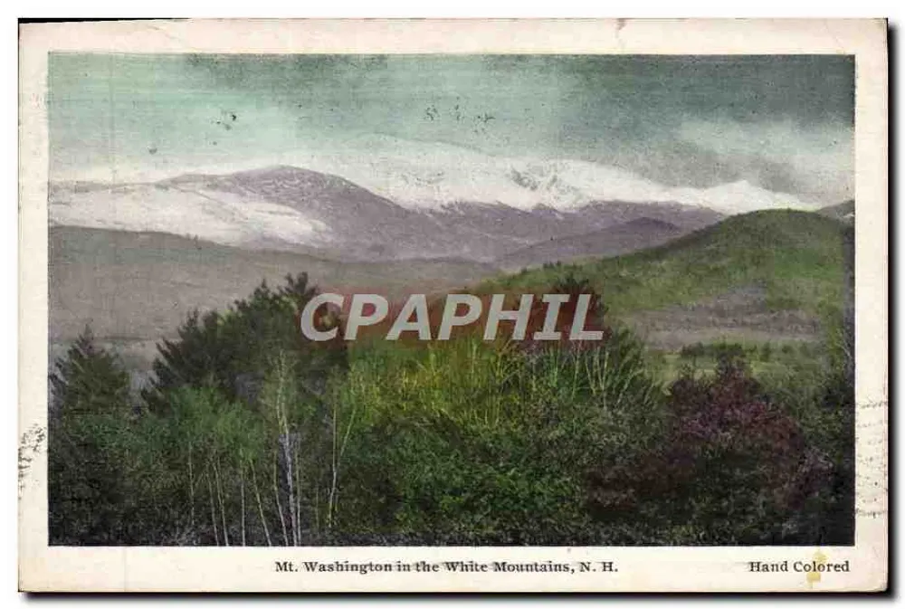 Monte Washington nas Montanhas Brancas, N. H. — Colorido à mão — Frank W. Swallow Post Card Co. - Frente