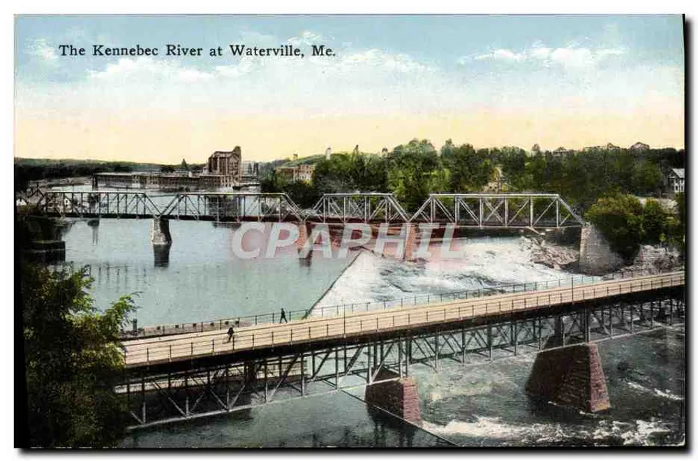 De rivier Kennebec in Waterville, Me. — uitzicht met ijzeren brug — uitgever James E. Snow - Voorkant