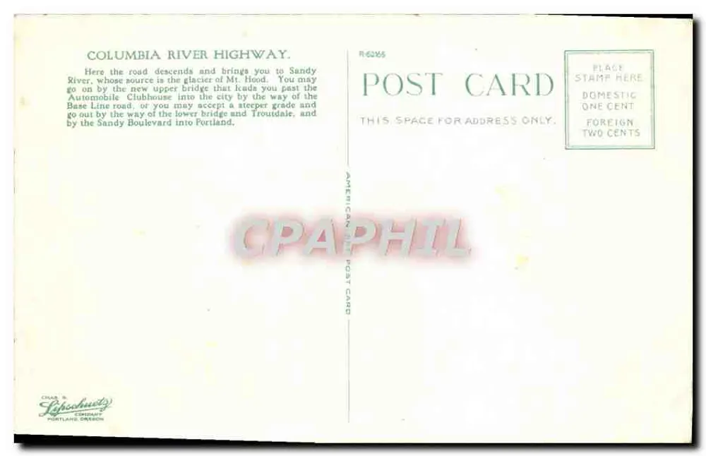 Columbia River Highway at Sandy River Bridge — Pont métallique sur le fleuve, route côtière avec voiture rouge — éditeur Lipschutz Company, Portland, Oregon, n° 328 - Verso