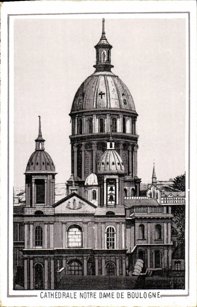 Kathedrale Notre-Dame von Boulogne — Ansicht der Fassade und des Doms — Verlag auf der Karte - Vorderseite