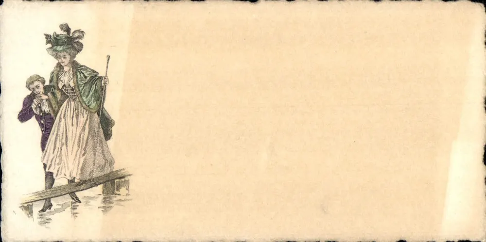 Flusslandschaft — Frau in Kleid und dekoriertem Hut, begleitet von einem Mann im Anzug — gravurierte Illustration - Vorderseite