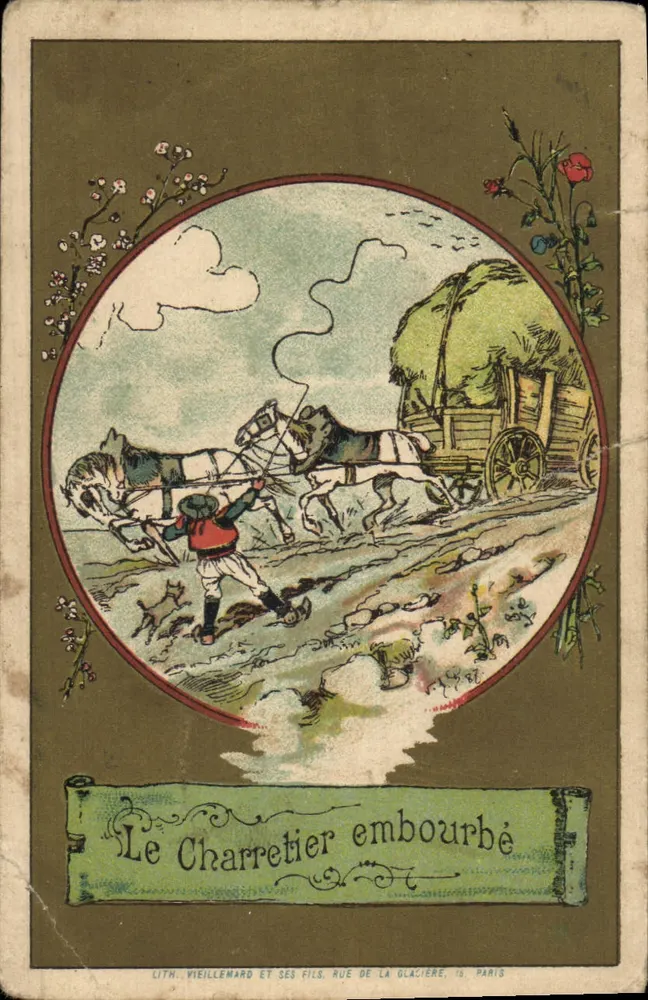 Der in den Schlamm geratene Fuhrmann — Landschaftsszene mit Wagen und Pferden — Lith. Vieillemard et ses Fils, Rue de la Glacière, 15, Paris - Vorderseite